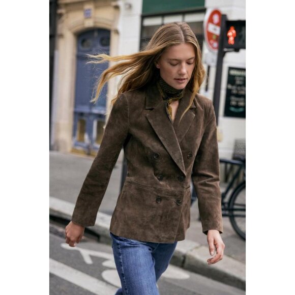ZARA 100% LEATHER DOUBLE-BREASTED BLAZER - Picture 1 of 7